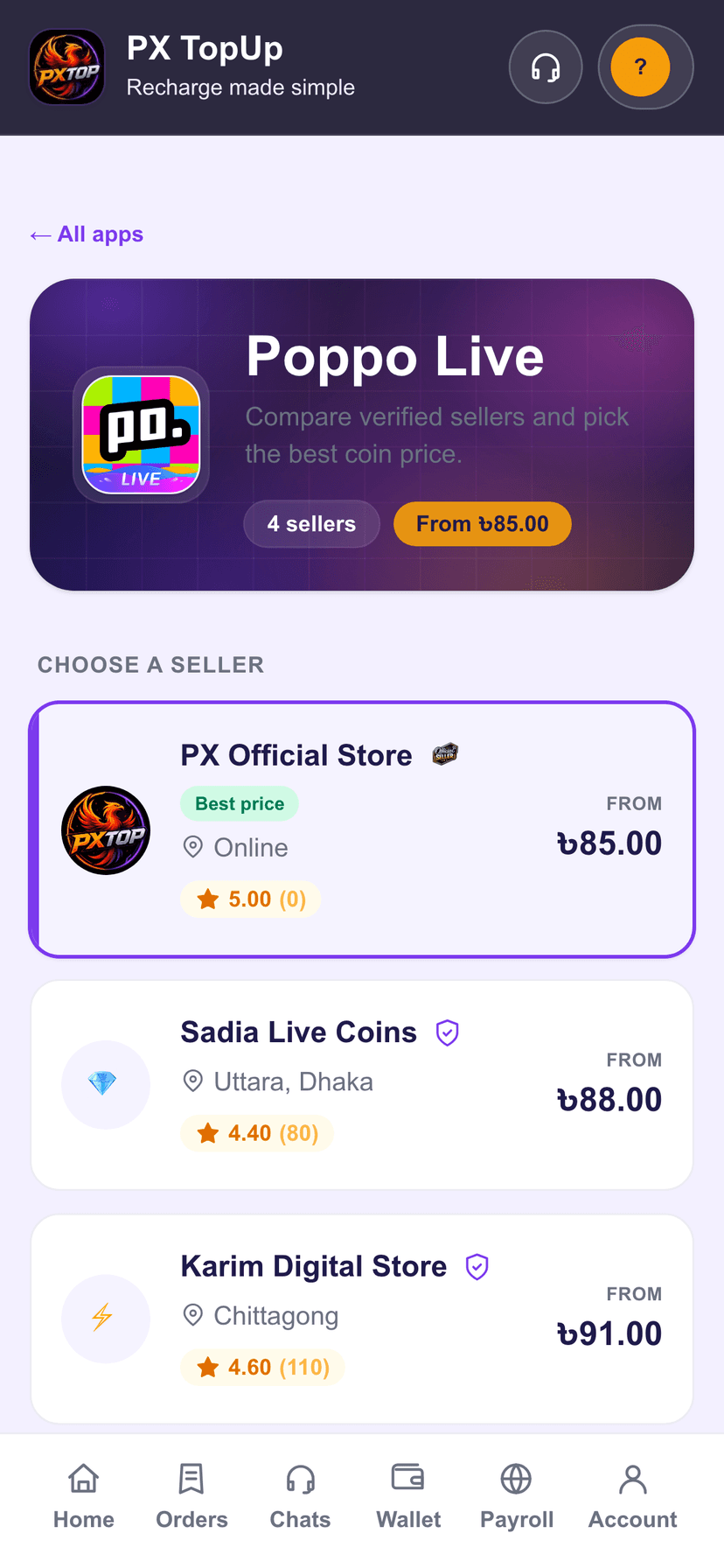 Compare verified sellers and prices in PX TopUp